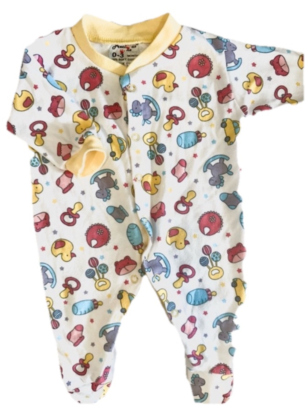 100% Soft Cotton Baby One-Piece Footed Romper in Multi Toy Print - Yellow Trim